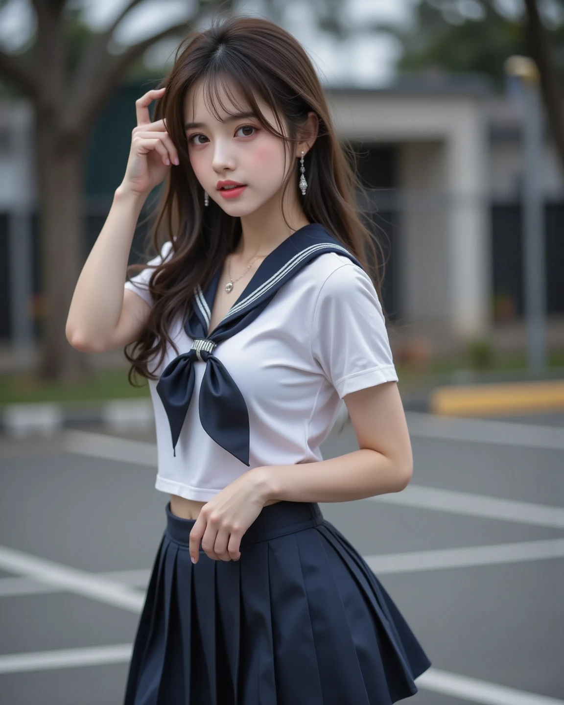 ((highest quality、8k、masterpiece:1.3)),((((cowboy shot)))),Ultra-high resolution,big eyes,Japanese,bangs,(a girl),(1 girl),((20 years old)),((facing at viewer)),(long hair),(((black sailor uniform))),grin,((sitting on chair)),(pleated mini skirt),(((pussy))),((pubic hair)),((skirt lift)),((short crew socks))