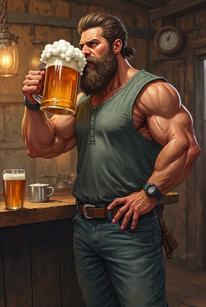 Homeless man, muscular body, dirty and oily skin, hairy body, huge chest (huge2:0), poorly groomed beard, dark smile, black eyes, face with expression lines, black hair (messy), huge bulge in his pants . He is in the living room of an abandoned house (dirty, bottles on the floor), wearing torn underwear (dirty), bare back (dirty skin), barefoot, holding a bottle of beer, sexy pose.