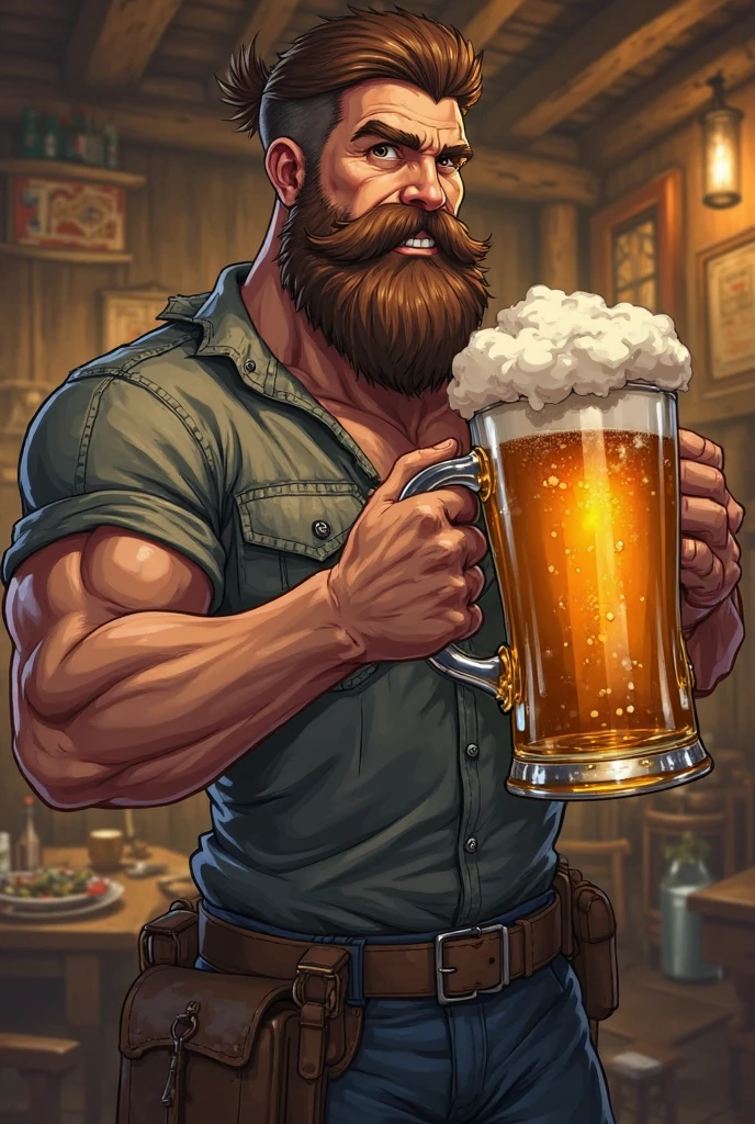 Ingólfr Einarr is a 40-year-old red-haired Viking man with a full beard, outgoing, muscular and very attractive, who wears his imposing medieval armor. hyper detailed and super realistic. cartoon style. Ingólfr Einarr holds up a mug of beer and extends his arm.