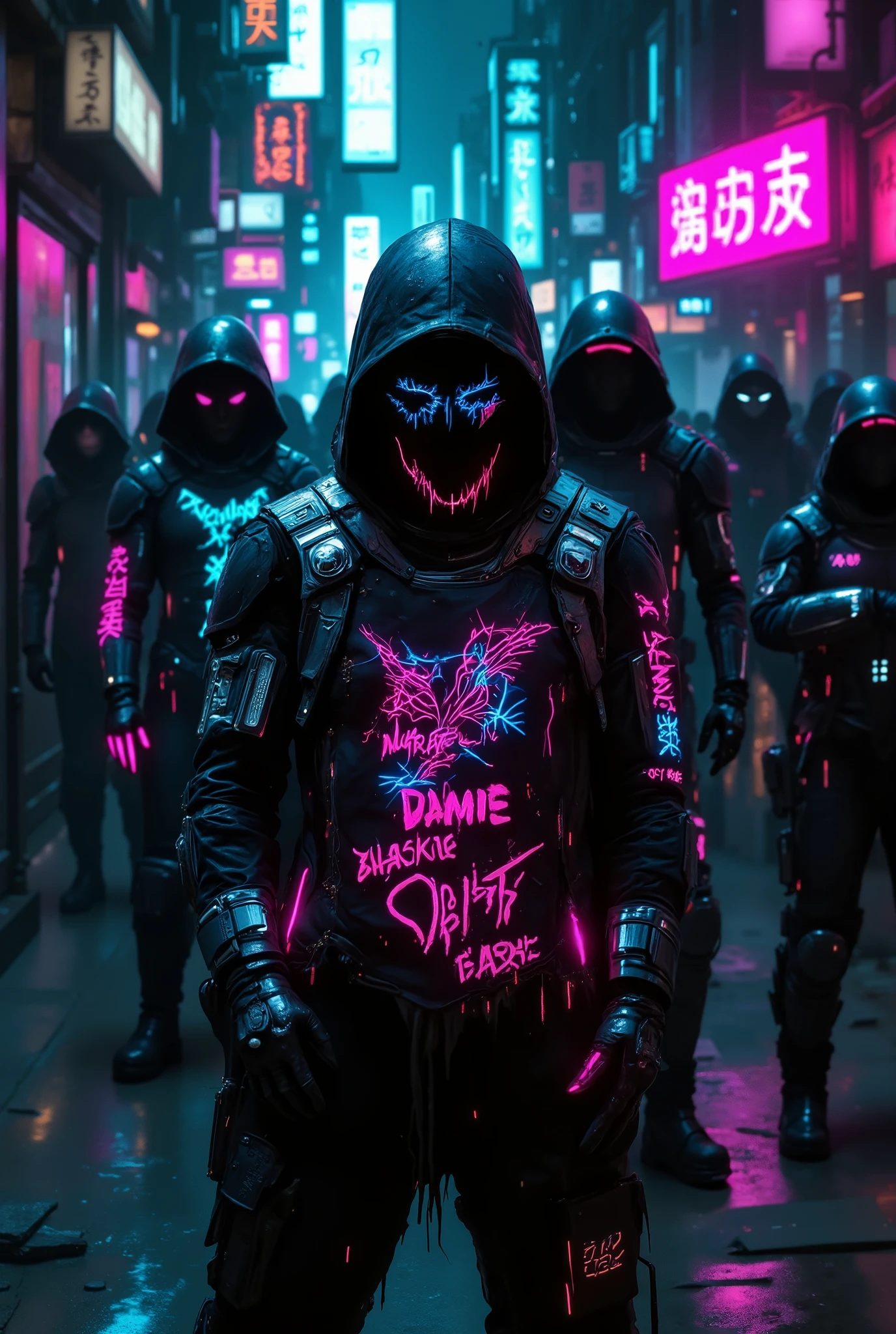 {{A ((gritty and expressive)) depiction of {((a 3025 street gang of neon cyborgs posing with customized streetwear gear))}} with {((digital graffiti, kinetic LED fabrics, and modular chrome jackets))}. This is a {((post-apocalyptic streetwear))}-inspired image that showcases {((resilience, rebellion, and tech-expressionism))}. The environment/background should be {((a rain-soaked alley in a megacity with neon reflections))} to create an {((intense and rebellious atmosphere))}. The image should be in the style of a {((comic book cover))}, incorporating elements of {((Jean Giraud, Ghost in the Shell, Off-White™, and Square Enix’s concept art))}. The {((close-up))} shot, captured with a {((sharp focus macro lens))}, will provide a {((detail-intense character-focused perspective))}. The lighting should be {((moody with sharp rim lights and scattered neon ambient))}, emphasizing {((texture, facial cyber-mods, and expressive streetwear designs))}. The desired level of detail is {((hyper-detailed))} with a {((4K))} resolution, highlighting {((edge wear, color contrasts, and urban personality))}. The goal is to create a {((striking and stylish))} image that captivates viewers with its {((attitude, detail, and future-urban authenticity))}.