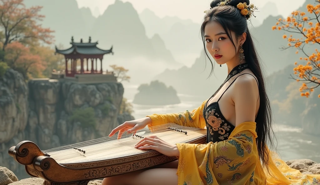 A modern Asian woman with a curvaceous figure, full breasts, and smooth, glowing porcelain skin is captured in close-up while playing a large horizontal Guzheng in the middle of a bustling Han Dynasty market. She is dressed in a sexy, contemporary white-and-gold Hanfu outfit with a tight-fitting top with thin straps that accentuate her full breasts and a sheer, short skirt that gracefully exposes her voluptuous legs. A soft, delicate white shawl drapes over her shoulders and arms, adding a touch of elegance to her look. Her long, dark hair cascades down her back, adorned with intricate hairpins. The bustling market scene around her is filled with vendors, shoppers, and traditional Han Dynasty stalls, creating a vibrant and dynamic backdrop. Close-up shots highlight her captivating presence against the rich historical backdrop. 8K resolution, incredibly detailed, realistic