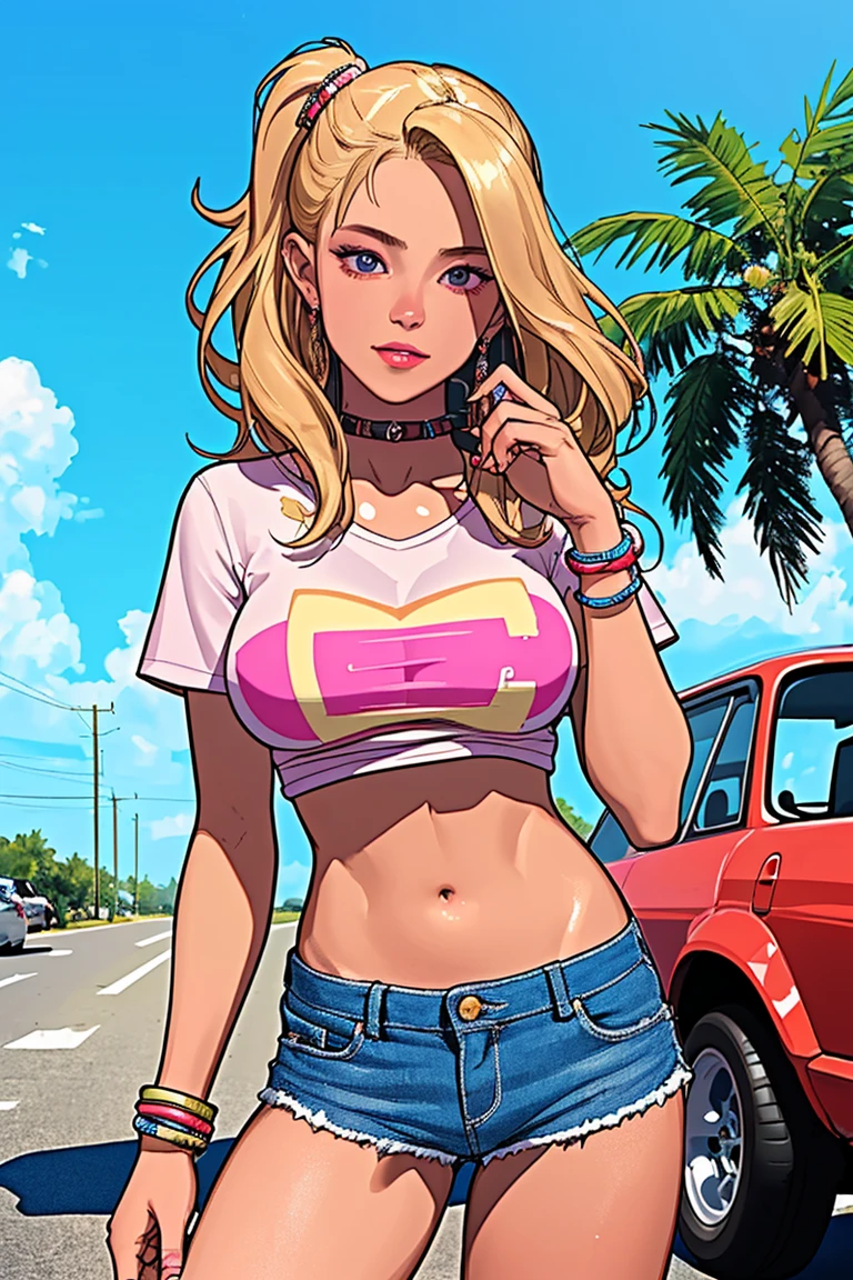 (Surreal), (Illustration), (High resolution), (in 8K), (Extreme Detail), (Best Illustration), (beautiful detail), (Best Quality), (masuter piece), (Wallpaper), ( Detailed face),a blond、poneyTail、Her bangs are parted and her forehead is visible..、jillvalentine、Black tank top、Cargo pantilitary equipment、cowboy shot、Realistic fantasy rendering, Realistic anime girl rendering, (Big Breast: 1.4) popular in CGSTATION, 4K、highlight in eyes、(Background with、garage)