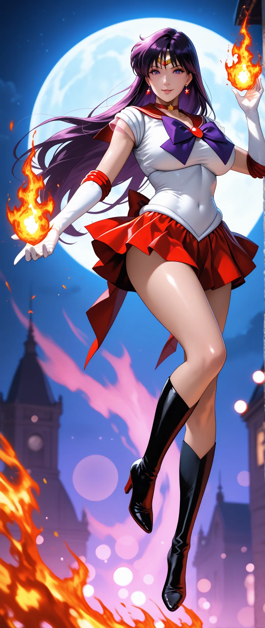 masterpiece, best quality, absurdres, perfect antomy, 1girl, solo, SMMars, very long hair, parted bangs, sailor senshi uniform, red sailor collar, red skirt, elbow gloves, standing, cowboy shot, smile, cartoon flames in background, stylized background