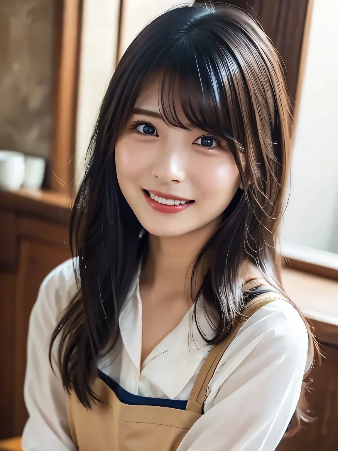 (best quality、table top to pinch、8k、best image quality、超A high resolution:1.5, (Photorealistic:1.4),masterpiece:1.2,(top-quality:1.4)、Raw photo)、Woman working at a cafe、The perfect brown apron、A classy shirt and apron、(highlight your body line:1.1)、portrait of a beautiful woman、 The most elegant and cozy cafe、The most natural cafe, Perfectly organized、Most Ambient Warm Lighting、 stylish and elegant cafe、 Strongly blurred background 、 look at me and laugh、super high resolution perfect and beautiful teeth、Ultra HD beautiful face、ultra HD hair、Ultra HD The Shining Eyes、The Shining, Super High Quality Beautiful Skin 、1 beautiful girl with super high quality glossy lips、Japanese idol、30 years old、Beautiful in every detail and meticulous eye、detailed face、beautiful skin、slender、slim waist around the eyes、thin legs、 Glamorous Hairstyles :1.3、cafe clerk 、smile:1.2、、1a japanese girl、Cute、 (RAW photo:1.2), (photorealistic:1.4), beautiful detailed girl surrounded by thugs, very well detailed eyes and face
