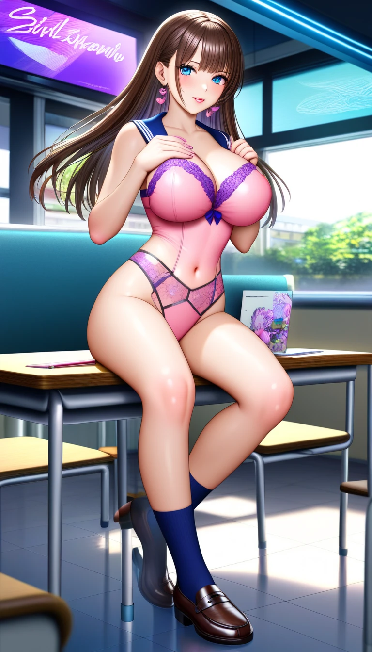 (table top, highest quality, High resolution, , perfect pixel, 4k,), 1 girl, single, alone, Beautiful woman、I could see the whole body、 ((Wavy mid-hair, bangs, brown hair)), ((brown eyes, beautiful eyelashes, realistic eyes)), ((detailed face, blush:1.2)), ((smooth texture:0.75, realistic texture:0.65, realistic:1.1, Anime CG style)), medium breasts, dynamic angle, perfect body, ((, female teacher, , earrings、necklace、white shirt with collar、Shirts without buttons、、black knee high stockings、open both legs wide、、shy smile、Sit on the floor、leaning forward)), Upper grade、、、evening、、(You can see the white and light blue lace panties and bra、、(Bring your chest and arms together、)、angle from below)、