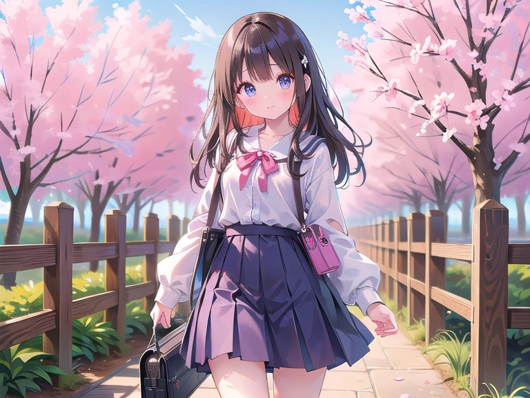 girl with a school bag turns around and looks at me in the cherry blossom-lined street. Her skirt is riding up because of her school bag. She looks embarrassed.
