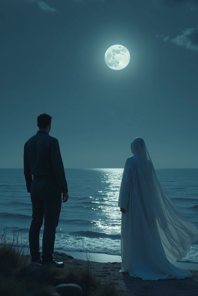 there are two people standing on the beach with a kite in the sky, in a sea, at the sea, happy couple, background is heavenly, on the ocean water, muslim, couple, by Basuki Abdullah, the ocean in the background, taken with canon eos 5 d, white hijab, full protrait, full lenght shot, ocean in the background