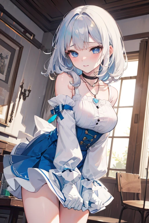 , 1girl, (table humping:1.5), (crotch rub:1.2), ((nobility lady cloth), (neat outfit:1.5), (costume with blue accents: 1.2), (white shirt) (skirt lift:1.5), white panties,(White hair and blue highlights),cyan eyes, medium, short hair, solo, (medium breasts:1.2), table, lifting,(suggestive fluid:1.2), masterpiece, (blushing:1.3), embarrassed face, best quality, highly detailed