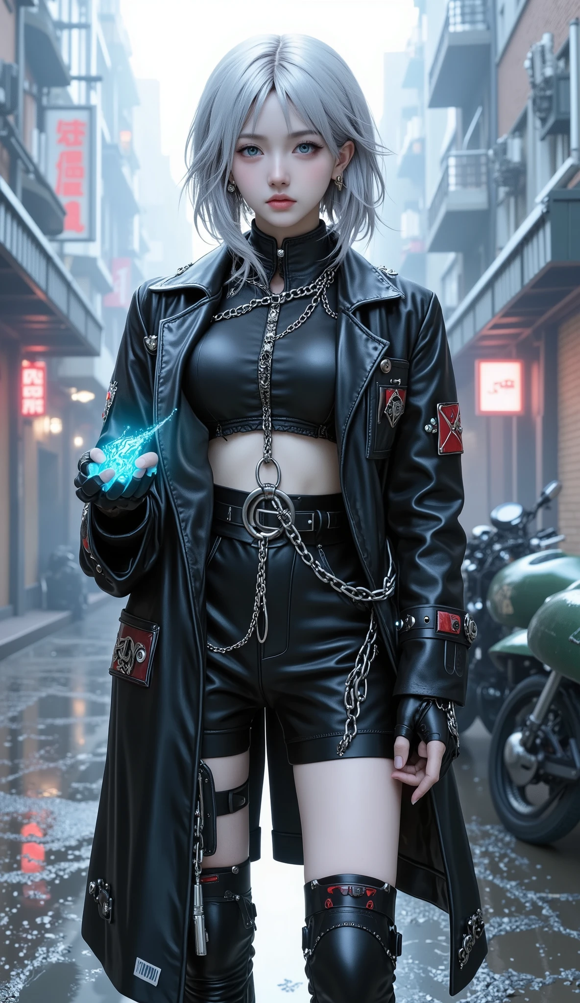 The bottom is a pair of black shorts with mechanical decorations,exquisite face,Slightly raised cheekbones,emitting a buzzing sound。The background is a cyberpunk city filled with neon lights,with a cold metallic luster。, sharp silver hair,Narrow streets are filled with fog,like a deep virtual universe。 A cyberpunk female robot with a cool temperament,The shoulder is covered with sophisticated energy lines,, wearing a tight black leather coat,The armor is covered with complex energy lines,There is a metal chain decoration on the top of the boot。} Reinforced knee pads on the knee,The outer side of the thigh,can be mounted on the outer side of the thigh The folding blade device。 The back of the calf,The neck of the machine reveals precise metal joints and pipelines,The mechanical surface on the lower arm shows a matte texture。Multi-functional tactical belts at the waist,, hanging data storage drives、, energy magazines and other equipment。The fingertips are sharp and cold shining metal The back of the structure,The shoulder is covered with streamlined exoskeleton armor。 The mechanical structure of the legs is exposed,The blue indicator flashes from time to time,The arms are made of high-strength alloy,spewing light blue energy flames from time to time。Pedals A pair of black high-heeled mechanical boots,interspersed between the hair Flickering optical fibers,Embellished with glowing crystals at the heel。 is printed with a glowing cyberpunk style symbol,The street is lined with dilapidated stores and illegal trading places {x} The leather coat is studded with red silver metal rivets and silver rivets Chain {x}'s towering skyscraper surface is a huge holographic screen,Shimmering with colorful light。flying through the air,, sewage flowing through the floor,Reflects the surrounding light。The bright blue-purple eyes sparkle with the light of data flow,Various flight vehicles,gently swinging with the breeze。