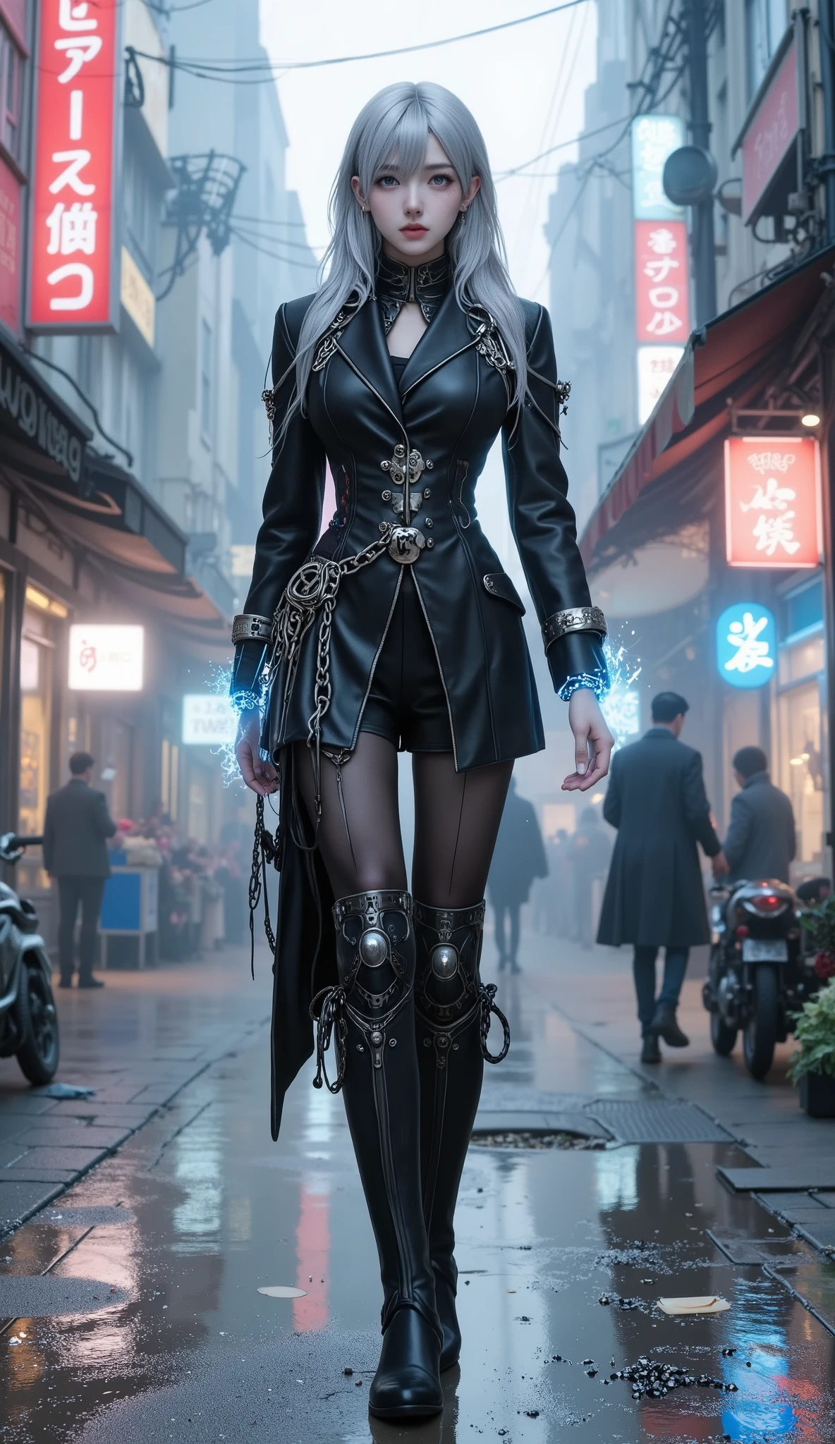 The bottom is a pair of black shorts with mechanical decorations,exquisite face,Slightly raised cheekbones,emitting a buzzing sound。The background is a cyberpunk city filled with neon lights,with a cold metallic luster。, sharp silver hair,Narrow streets are filled with fog,like a deep virtual universe。 A cyberpunk female robot with a cool temperament,The shoulder is covered with sophisticated energy lines,, wearing a tight black leather coat,The armor is covered with complex energy lines,There is a metal chain decoration on the top of the boot。} Reinforced knee pads on the knee,The outer side of the thigh,can be mounted on the outer side of the thigh The folding blade device。 The back of the calf,The neck of the machine reveals precise metal joints and pipelines,The mechanical surface on the lower arm shows a matte texture。Multi-functional tactical belts at the waist,, hanging data storage drives、, energy magazines and other equipment。The fingertips are sharp and cold shining metal The back of the structure,The shoulder is covered with streamlined exoskeleton armor。 The mechanical structure of the legs is exposed,The blue indicator flashes from time to time,The arms are made of high-strength alloy,spewing light blue energy flames from time to time。Pedals A pair of black high-heeled mechanical boots,interspersed between the hair Flickering optical fibers,Embellished with glowing crystals at the heel。 is printed with a glowing cyberpunk style symbol,The street is lined with dilapidated stores and illegal trading places {x} The leather coat is studded with red silver metal rivets and silver rivets Chain {x}'s towering skyscraper surface is a huge holographic screen,Shimmering with colorful light。flying through the air,, sewage flowing through the floor,Reflects the surrounding light。The bright blue-purple eyes sparkle with the light of data flow,Various flight vehicles,gently swinging with the breeze。