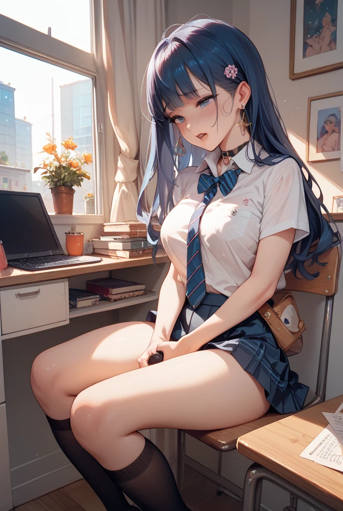 Ultra HD、super high quality、masterpiece、detailed、8K、The place is your room、A high school girl in her room１Person sitting and listening to music on headphones、Studying at a desk、15-year-old high school girl、The high school girl is Russian and has long black hair.、Has blue eyes、She has a flower tattoo and a glamorous figure.、The clothes he&#39;s wearing are a T-shirt and hot pants.、Pretty sexy、Lo-Fi images