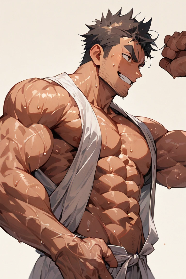 Roy Mustang from Full Metal Alchemist, bodybuilder, shirtless, smug smile, focused from below the chest