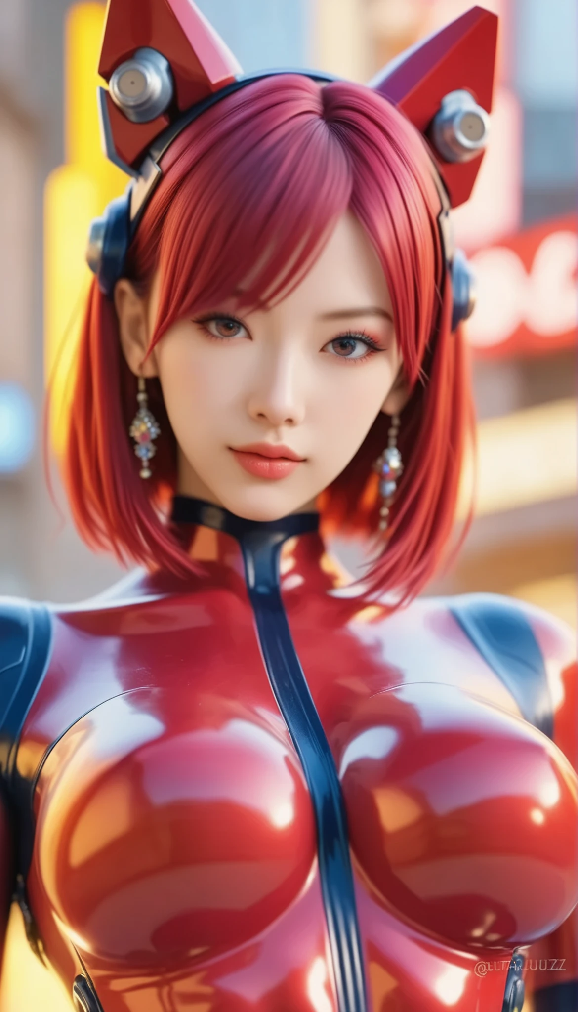 (A girl traveling to another world), a floating busty girl, Street fashion in 3025, robot suits, chemical suits that allow travel to different dimensions, illumination, neon colors, rubber suits, different dimensions, cyberspace, different worlds,Close Encounters of the Third Kind, laser beams,