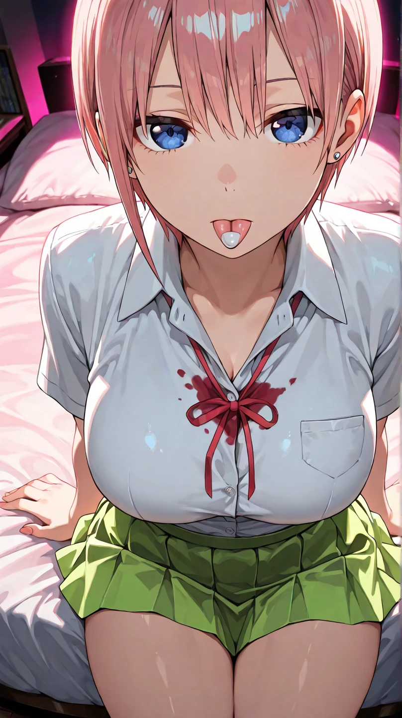  147 cm SENIOR HIGH SCHOOL girl wearing a school uniforms, With one shirt button open. . She short hair, with a round face. Picture him without pants. She was sleeping on the bed. with white fluid on his body. Describe her as having big breasts. Sweating. His face turned red.