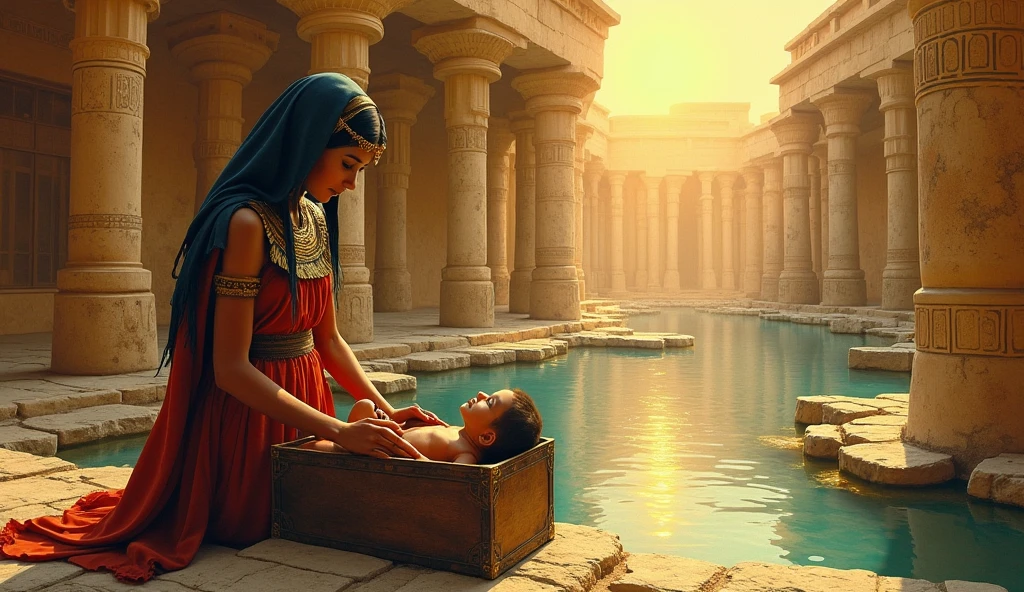 "Create a detailed digital illustration set in ancient Egypt, where the scene depicts a baby being discovered in a basket floating on the Nile River. The baby is surrounded by three women dressed in traditional Egyptian clothing. One of the women, possibly a princess, is kneeling by the basket, gently reaching out to the baby. The other two women stand nearby, one holding a staff, and all are smiling softly. The background features lush green reeds and palm trees, with distant ancient Egyptian architecture visible. The scene should evoke a sense of warmth, care, and historical authenticity, with vibrant colors and intricate details in the clothing and surroundings."