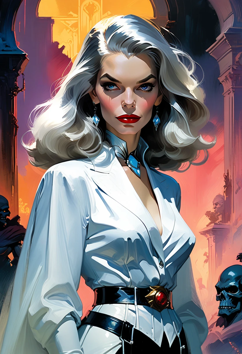 Vladislava Galagan vestindo um traje espacial justo branco de seda com detalhes em renda branca, futurista cyberpunk, decotado (((corpo inteiro))) no painel de quadrinhos, corpo todo, bold lineart illustration comics, olhos azuis, parted lips, Corpo perfeito, Fitness, sfw, ao estilo de Adam Hughes, (((obra prima))), Explore retro-futuristic aesthetics, highlighting your confidence and skill. In the top of building, big city night