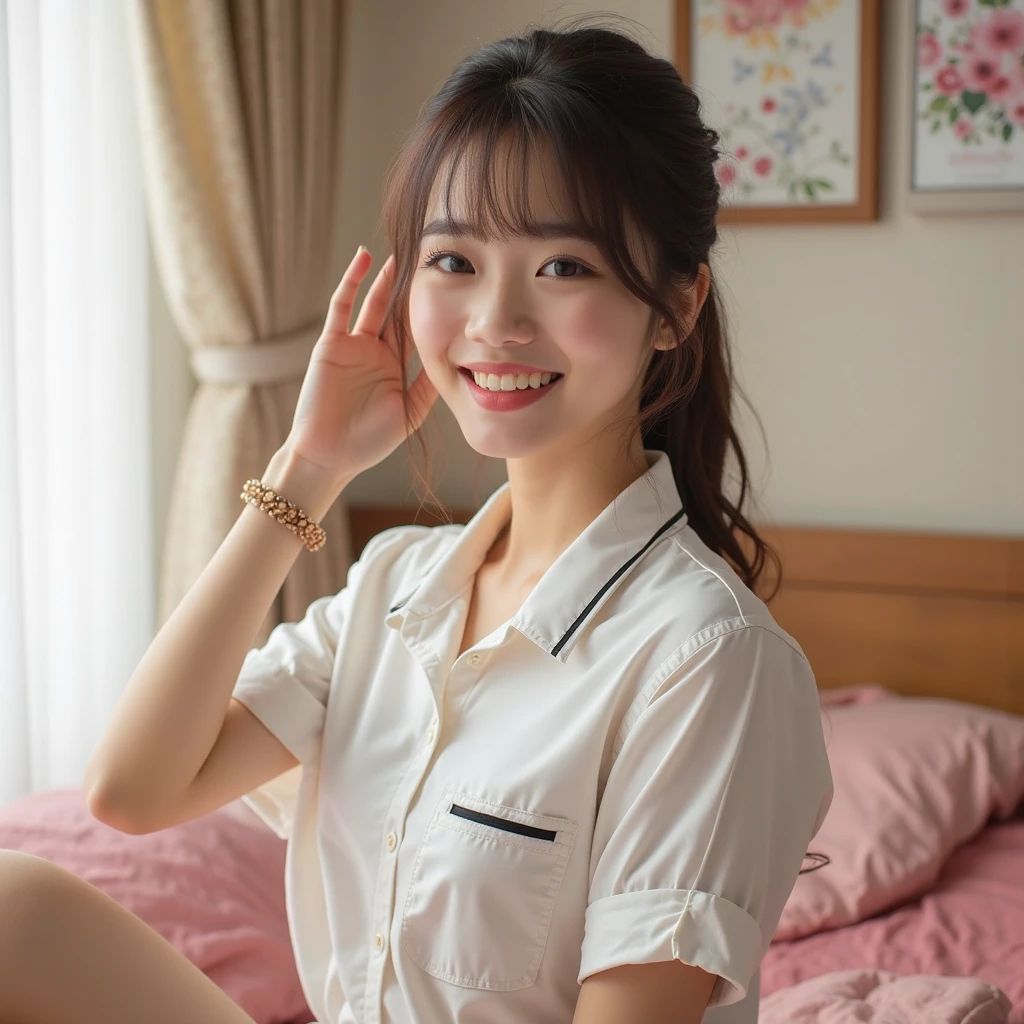 (Highest quality:1.9)、(High resolution)、Live-action image quality、((19 year old female university student、1 person))、Soft lighting by a professional photographer、Natural light、((Very spacious white luxurious room:1.6))、((Bright white room:1.6))、(Standing in front of a very luxurious white bed:1.2)、(White bookshelf background:1.1)、Natural soft light、((Black Hair Color:1.1))、Fair skin、Detailed Eyes、double eyelid、Slightly puffy cheeks、((Small Face:1.0))、((White lace short sleeve shirt、Please wear it with the chest open.:1.7))、((White checked skirt:1.2))、(Cute Smile)、((Girly pose 1.8))、((Straight medium-long hair:1.1))、((Full Body Shot:1.2))、((Height: 145cm))、Hands in front、Hold hands between legs、bangs、
