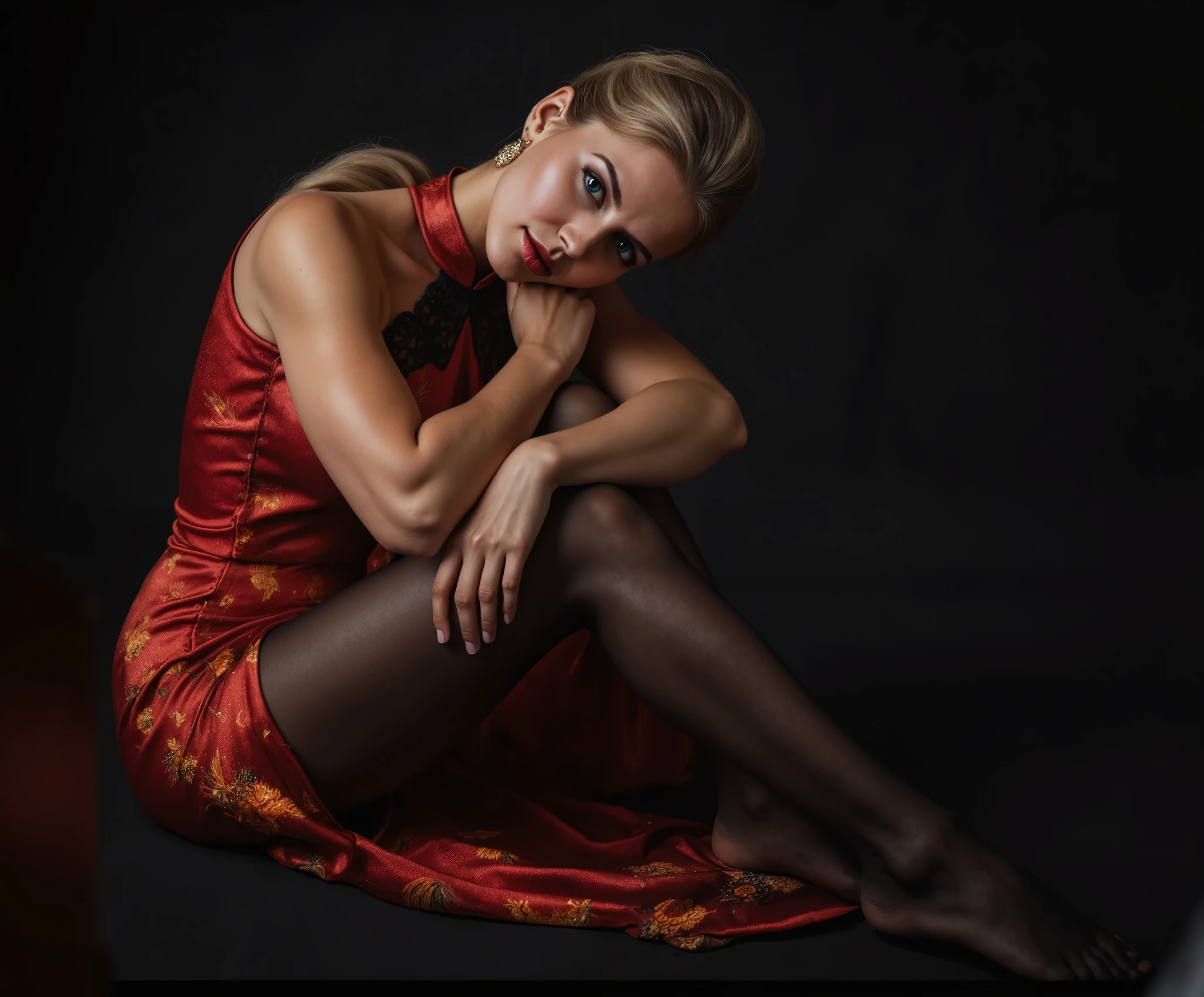 European mature female in a red sleeveless crotchless cheongsam posing for a picture, very attractive and beautiful, elegant seducing pose, beautiful sexy woman photo, sexy girl, very beautiful mature woman, sexy red red sleeveless crotchless cheongsam, gorgeous elegant attractive, very seductive pose, beautiful blonde girl, seductively looking in front, attractive and beautiful, attractive pose, stunning appealing figure, sexy red sleeveless crotchless cheongsam, in red and black wavy blonde hair, wearing a form-fitting skintight red sleeveless crotchless cheongsam with black lace details at the neckline, gold chandelier earrings, crouching pose with one hand resting on chin, black sheer pantyhose, barefoot, black sheer pantyhose, black pantyhose, black sheer pantyhose, (((barefoot:1.6))), very beautiful mature woman, high long blonde ponytail, seated pose, seductive pose, barefoot, detailed feet, soles, toes, indoor setting with soft ambient lighting, stylish and elegant atmosphere, front view angle, smooth lighting and balanced shadows, fashion model photography, modeling photography, 4k fashion shoot, high - end fashion photoshoot, beautiful European woman sitting, attractive pose, cheongsam, fashion shoot 8k, fashion model pose, ruan jia beautiful!, solo photoshoot, professional model photography, fashion photograhy, gorgeous chinese model seated pose, patterned red sleeveless crotchless cheongsam with red and orange designs, relaxed body posture, sitting side profile, dark studio background, soft lighting from above, smooth skin, minimal shadows, calm and introspective atmosphere, professional studio shot