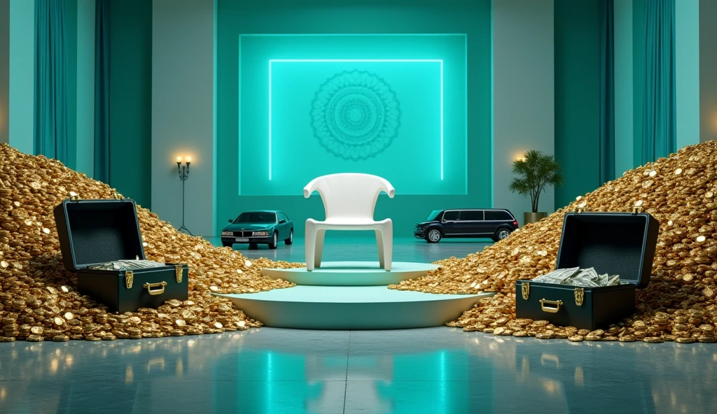 realistic album cover a chic white sofa, behind the sofa several magazine covers on the wall with the name "ego and vanity" with only Gucci style images, money and wine glass fallen on the floor