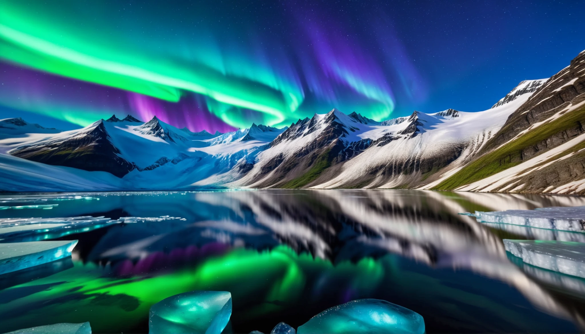 ultra-high image quality of processing,high precision,High Quality,Spectacular views,A wonderful sight of the auroras dancing in the night sky,(Vivid green, purple, and bright blue auroras ripple over a vast glacier:1.2), BREAK The glacier extends to the horizon 、 Jagged ice layers and snow-covered mountain peaks 、 reflects the colorful light above .Stars twinkle in the dark and clear sky、The surrounding landscape is enveloped in the surreal brilliance of auroras、 creates a mysterious atmosphere 。 BREAK The cool and clear air adds color to the landscape 、 the snow shines in the gentle light of the auroras 、This frozen wilderness is calm and unbelievable。Polar bear parent and stand on ice,
