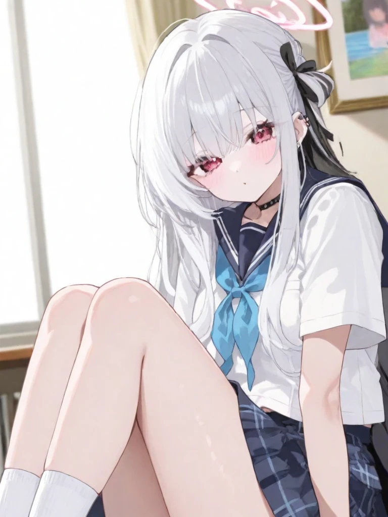 Anime school girl, white long hair, showing her vagina which is dripping, opening her mouth with her fingers in her tongue saliva dripping
