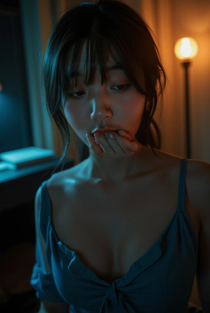 (Clear 4K image results, very detail, HD,realistic) 23 O'Clock:30 NIGHTS JAPANESE WOMEN WITH GLASSES MIND CUTE ROUND FACE AND CHUBBY CHEEKS AND Cleft CHIN AND bright white skin AND WEIGHT 77 kg, AND WEARING A TENKTOP AND MINI PANTS AND POSING IN FRONT OF THE CAMERA WHILE CRAWLING ON THE BED IN HER ROOM AND HER HEAD IS TILT AND RED BLONDE HAIR IS DANGING DOWN COVERING HER FACE AND A LOT OF WET SWEAT IS FLOWING AND A LOT OF SWEAT IS FLOWING AND THE ROOM LIGHT IS A LITTLE DARK AND A LOT OF SWEAT IS FLOWING OVER HER WET BODY AND BRIGHT WHITE SKIN. THE ATMOSPHERE OF THE NIGHT IS DARK AND THE MOUTH IS DRIVING, LOTS OF DROOL FLOWING ONTO THE BED AND WET HAIR LOTS OF WATER AND LARGE CLEANER LOOKS VERY PROMINENT