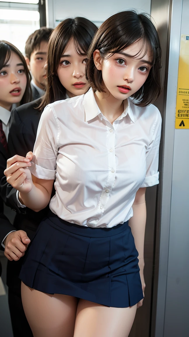 (Browsing Caution:1.3), ((masterpiece)), ((highest quality)), (Very detailed), ((cute)), cute, (Lovely), ((sexy)), (device), ((Very detailed)), 4K, (8k), highest quality, (beautiful), Anime Style, Genuineistic, Genuine, Dynamic Angle,Overall view, ((1 girl, alone, cute girl)), ((Office Lady Suits)), ((hyper cute face)), beautiful light brown hair, beautiful black eyes, ((beautiful eyes)), Big Breasts, Embarrassing, blush, ,Hold on to the railing of a train,Underarm, (Underarmを提示:1.3),(avert your eyes:1.4), (Inside the train:1.3),(Crowded train:1.3),
Upper Body,(White shirt:1.5),
,Breast size options, Chest Grab, (boy,Grab from behind:1.5),Molestation
,(Frowning:1.2), (Embarrassing,blush:1.2),(A face stunned by despair:1.1),Sweat,(anger:1.2)、((The shirt is see-through))