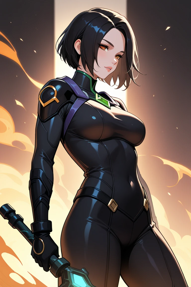 highly detailed, best quality, photography, Rogue from X-men, absurdness, beautiful face (detailed eyes, deep eyes) 1woman, brown and white hair, twin tails, magenta eyes, short, wide hips, curvy, toned muscles (n7armor) inside a spaceship