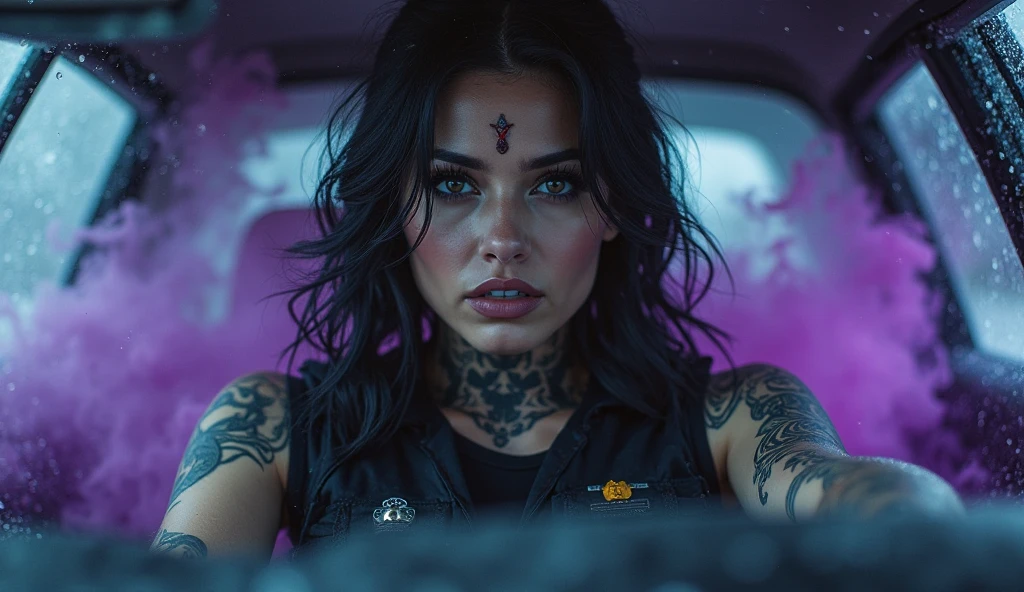 paigegta, black hair, ponytail, black lipstick, black shirt, looking at viewer, serious, smiling, medium shot, sitting, inside a car, suv, backseat, middle finger, black nails, extreme detail, masterpiece,   <lora:midfinger-wasabiya:1>  <lora:PaigeGTA:.6>
