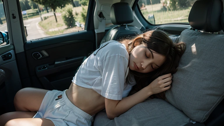 a milky brown colour long haired young woman. Woman in a white skirt and a white top by lying on the back seat of the car and sleeping deeply with her eyes closed. the car is in the shade and the sun's rays do not fall on the girl's face