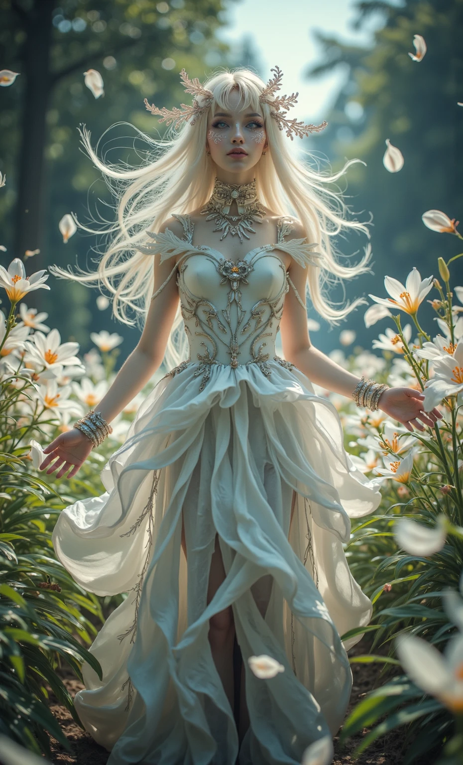 Surrounded by falling green leaves ((In the air with shiny strings attaches to her body)) I a teen girl with blue eyes and long, white hair, wearing a white lacy tulip-shaped gown with a white scarf around her hips and white Short boots"