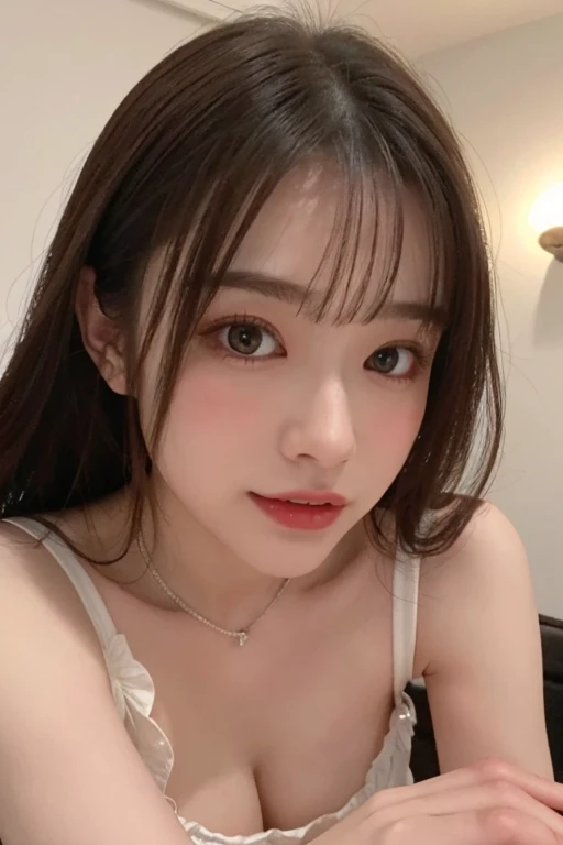 Bright expression、Photorealistic Stick:1.32、Highest quality、Ultra-high resolution、Photos of the most beautiful Japan girls、Cute and beautiful facial details、Small face、(Dealing with the Children_v1:0.008)、美しいbangs、29-year-old、Glowing White Skin、Hair gets tangled in the face、顔まで伸びるbangs、bangs、Hair between the eyes、腰までのびるLong Hair、Natural five-finger、Silky hair of attractive black color、Bright room、Clear beige eyes shine charmingly、Super big breasts、Put your hands on your face、Pink puckered lipstick、Light pink eyeshadow、Pink blush、Blue skin tone、Landmine Makeup、Beautiful bunch of eyelashes、Highest quality、((Cute Girls))、29-year-oldの女性、I'm in a room with a beautiful view、((Wearing feminine clothes、:1.3))、(Long Hair:1.4)、(Nice and cute、Sexy expression、Wavy long hair、Tight waist、Plump thighs、Beautiful eyes in every detail、Other shoots、whole body、Face close-up、Lying down