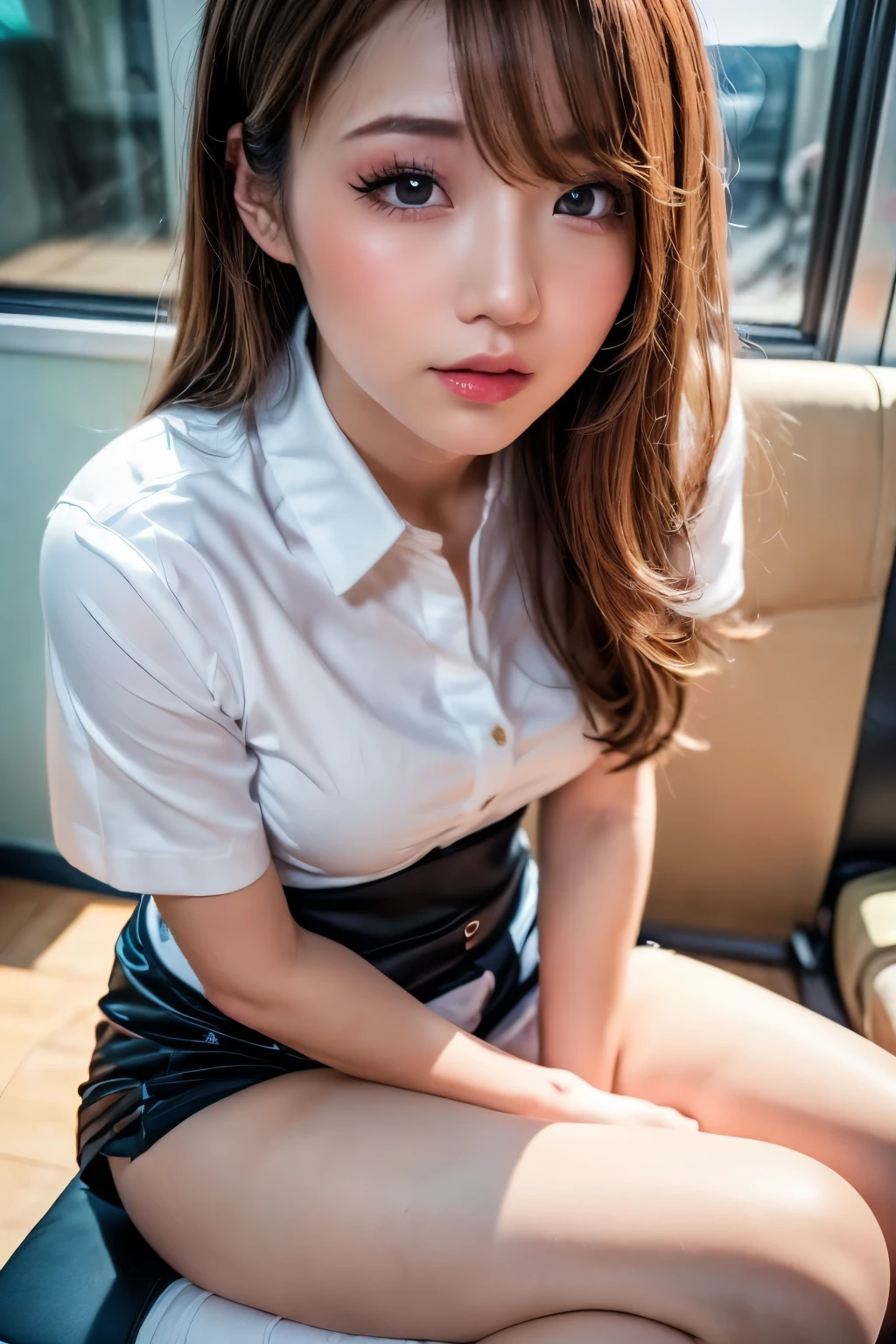 Top Quality,extremely highly detailed,masterpiece,realisitic,Photo real,bright lighting,1 girl in, Very beautiful , (kawaii:1.2),faint smile, (Brown eyes),(light brown hair),(bangs),perfect shiny skin,Flawless skin,((Erotic,Sexy and sexually explicit)),((Precise hands without dissonance)), big full breasts, big breasts and a thin waist, Watch your audience,,((Long sleeve uniform white shirt)),(pink mini pleated skirt:1.1),(Show Panties:1.5) , panties under the skirt, Wearing panties, panties focus,((Sits,Open Legs Wide)), Sock,(Loafer Shoes), daytime,In a car, your back to the window, Smiling broadly, (spread legs:1.5), (tight fitting clothes)