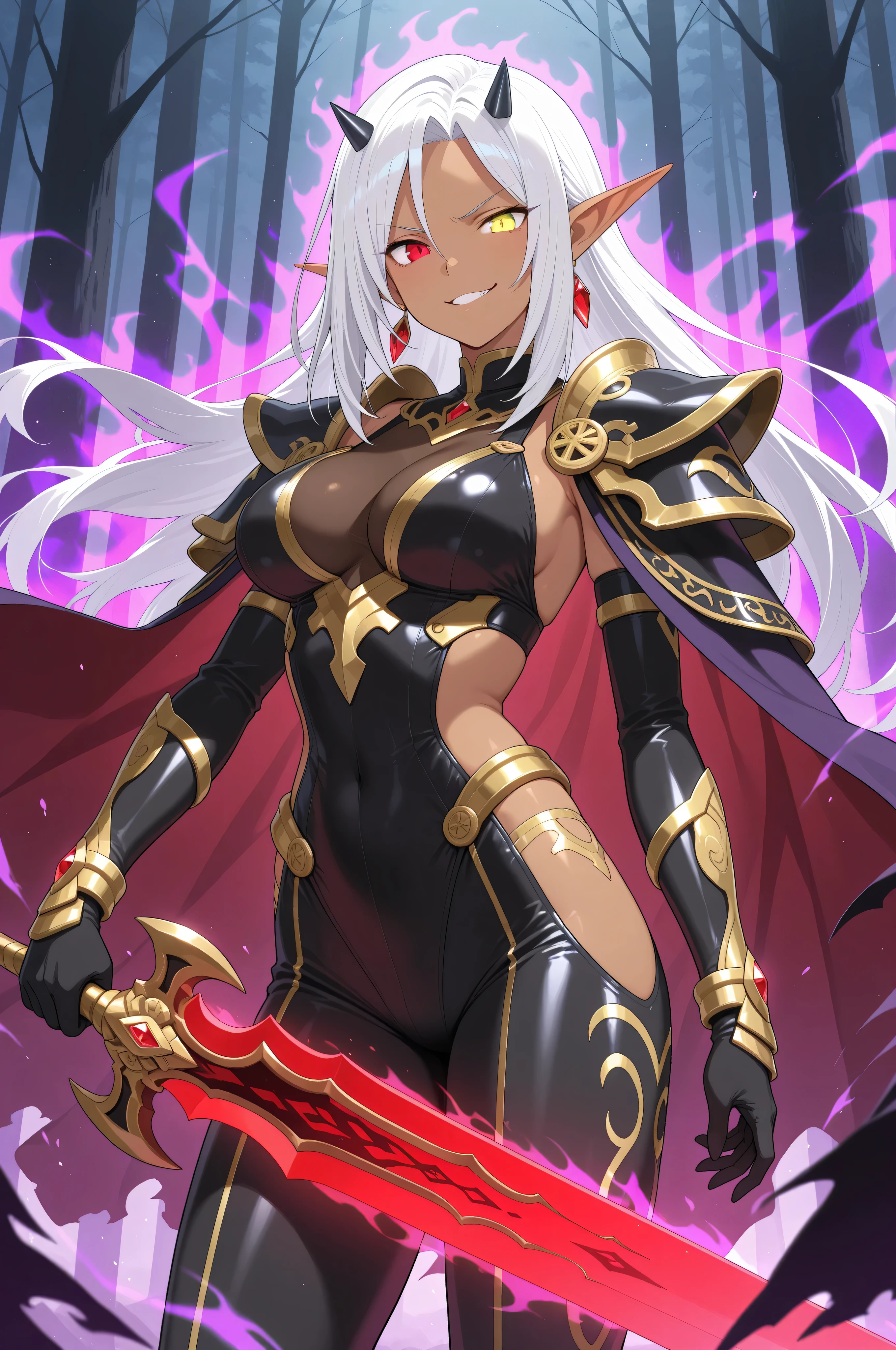 masterpiece,best quality,amazing quality, delicate illustration, latest, very aesthetic, sharp focus, subjective,
BREAK Left: Schwarz, a handsome demonic boy with a mischievous laugh, black hair, glowing red eyes, and small horns. He wears a gorgeous black demon king suit with intricate gold accents, a flowing cape, and exudes a fiery red aura. His confident pose radiates charm and power.
BREAK Center: Ejil, a fierce dark elf villainess warrior with brown skin and long, flowing white hair parted in the center. Her heterochromatic eyes (red and gold) gleam with a villainous smirk. She wears shining armor with delicate golden carvings, earrings, and battle attire, holding a glowing magical sword raised confidently, surrounded by a subtle purple aura.
BREAK Right: Elma, a commanding dark elf villainess warrior with brown skin, long white hair adorned with a red ribbon, and sharp red eyes glowing intensely. Her shining armor is intricately carved with gold embellishments, and she holds a radiant red sword with a villainous smile, exuding a powerful golden aura.
The trio stands on a misty forest battlefield,