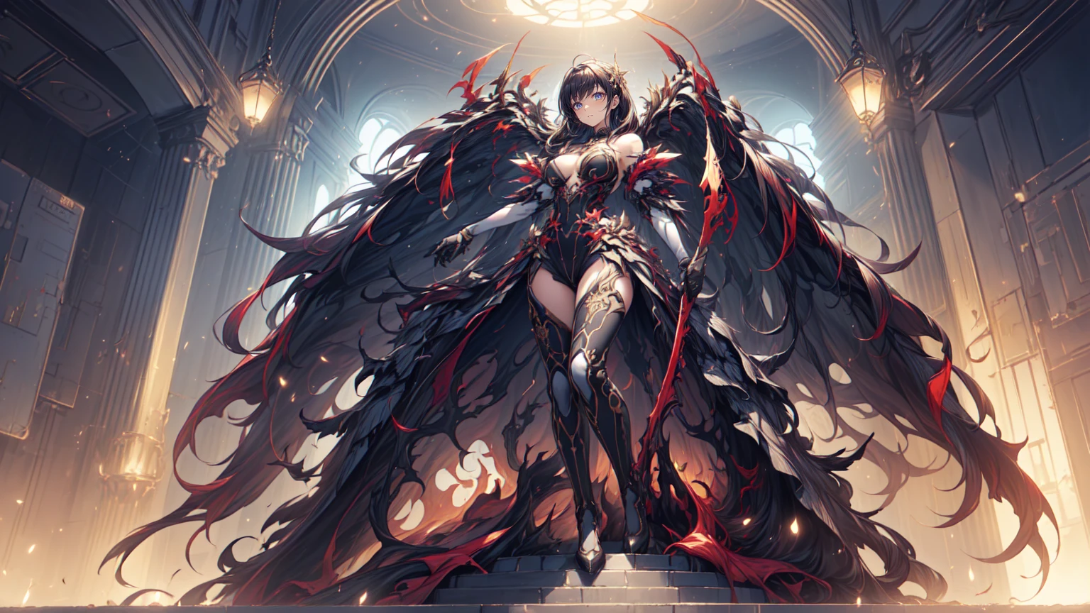 ((Masterpiece, highest quality)), detailed face, character sheet, Full body, 1girl, High quality,Best quality,Ultra-detailed,high resolution,female warrior in red outfit with filigree shiny rustic golden off-shoulder armor and holding a ornate polearm, tall sexy lady, red hair,  long hair, High ponytail,Blue eyes,breasts,tiara,armor, weapon,  polearm, armor, Open Chest, tight micro miniskirt,high heels, holding weapon, breasts,cleavage, full body, holding,full of details, multiple poses and expressions, highly detailed, many parts,((three sided view, front view, side view, back view, full body,simple background, gray background,multiple views,highres)), illustration, charturnbetalora, concept art, character concept art,LnF