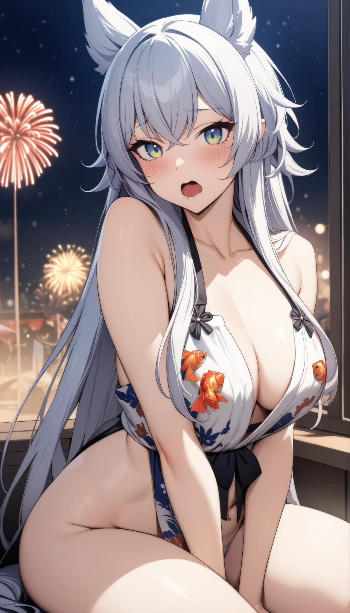 ((One personの女性)), Beautiful Face, A pleasant expression,((Wink:3.0)), ((The is positioned just above the vagin),((sweat flowing from the vagina:1.8)ssage the breas), ((Breast erflows from the s:3.3)),((Red cheeks:1.4)),Openouth wide and shout,Glossy pink lips,night,rooftop,Sit on the sofa,You can see the ocean, firework,((Anime style background)),masterpiece, Highest quality, so beautiful, ,Latest, Complex details, (Pink long nails),(ring),(bracelet),(choker),AI-generated, Complex,High resolution, Highest quality, super high quality,3D Images、View your viewers、3D Images,One person,Long white hair,High Ponytail,(blue eyes),Anime woman posing for a photo, ((Fine grain、Silvery white colorful eyes、Shining Eyes:1.4)),(Squint your eyes:1.1),a hyperRealistic , Realistic,Long white hairのアニメ女性, Smooth anime CG art, A woman in a colorful kimono with gold embroidery, (Black furisode),Red floral pattern,Long flower hair ornament,Large earrings,Mature Body,(Big Breasts:1.1),Mature Body,exe,Big Ass,NarZoom in on face:1pread your legs),Exposed vna,(Shooting from below at an angle)