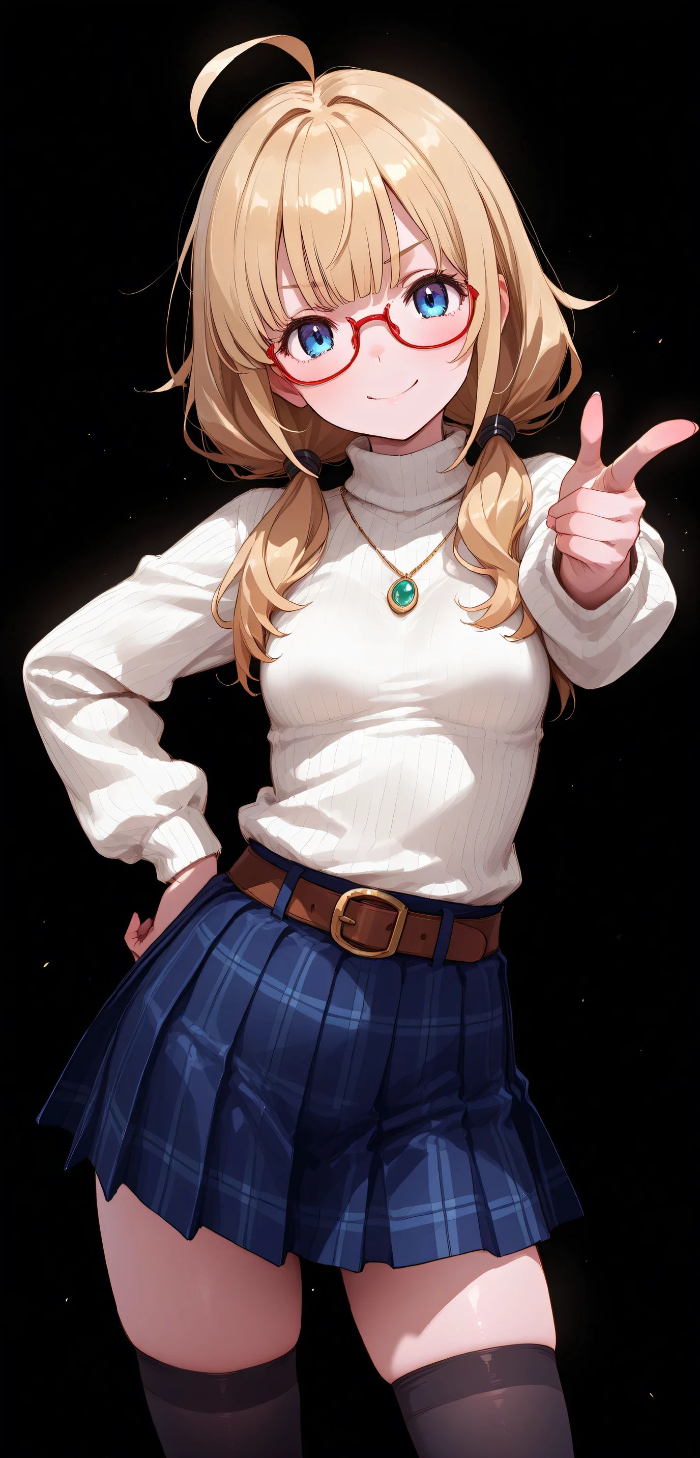 1 girl, front light, svelte body, petite, smile, blue eyes, red-frame under rim glasses, fair smooth skin, glossy lips, long blonde unruly hair, low twintails, flipped hair, black color hair tie, center-flap bangs, ahoge, small breasts, contrapposto,{{hand on hips, finger guns pointing this way}}, white turtleneck sweater, necklace, navy blue plaid pleated skirt, brown belt, black thighhighs, zettai ryouiki, Kyoto Animation, masterpiece, best quality, ultra high resolution, rich in contrast, very high quality,anatomically correct, detailed eyes, ultra detailed illustration, very beautiful and detailed anime face and eyes, texture, ultra high resolution, RAW photo, {{No background needed}}, {{{black background}}},