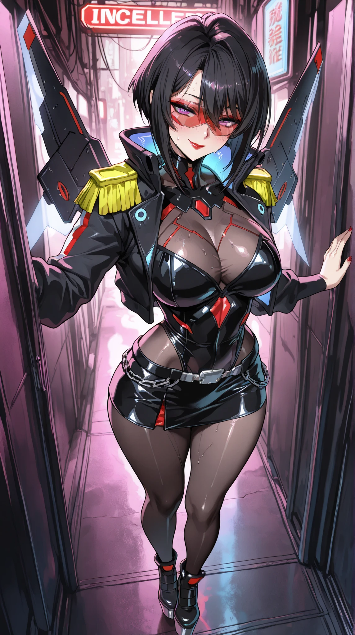 (darkness:0.9)Girl in black latex full body suit, very aesthetic, (Best Quality, hight resolution: 1.2), Absurd, (1.1 fluorescent bright color), (empty, Hollow:0.9) deadpan:0.9), (mind control: 1.1), (largebreasts: 1.1), (laboratory: 1.1), Salute with your right hand.