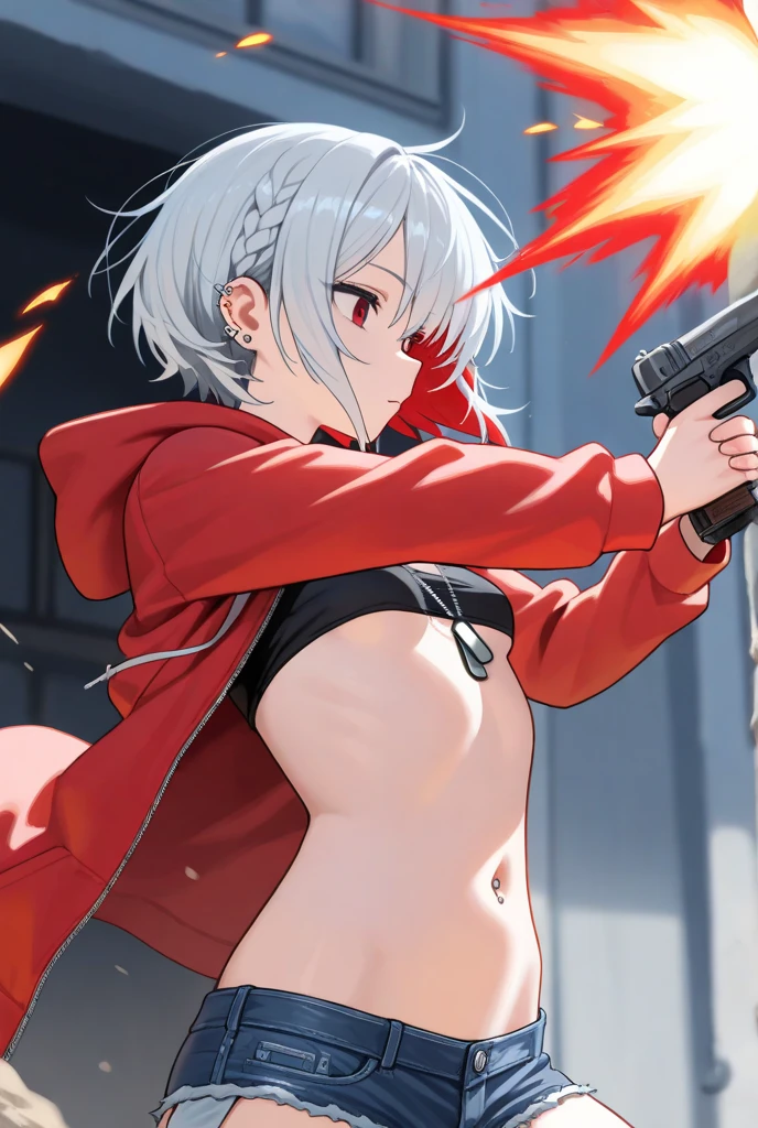 Action scene masterpiece, Highest quality:1.2)),Cowboy Shot,1 Female,20 year old beauty,alone,((very small head)),short hair,Messy Hair,Light blue hair,blue eyes,dull,((Very long and slender body)),Toned body,skinny,Medium chest,Shiny skin,Oily skin,bullish expression,Red leather jacket、 Red tight mini skirt、black tube top bra、black_Knee socks,Dynamic pose、Bounty Hunter、Holding a handgun in your hand、(point the gun at the viewer、The muzzle exploded)、Gunfight、on the road,Metropolis、Cyberpunk World、
