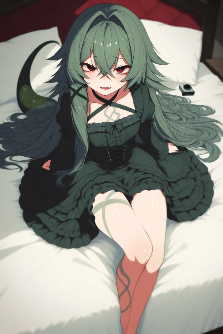 anime girl, cute, long black hair, green eyes, sticks out tongue, naughty swimsuit, in bed lying down, big tits, small pussy