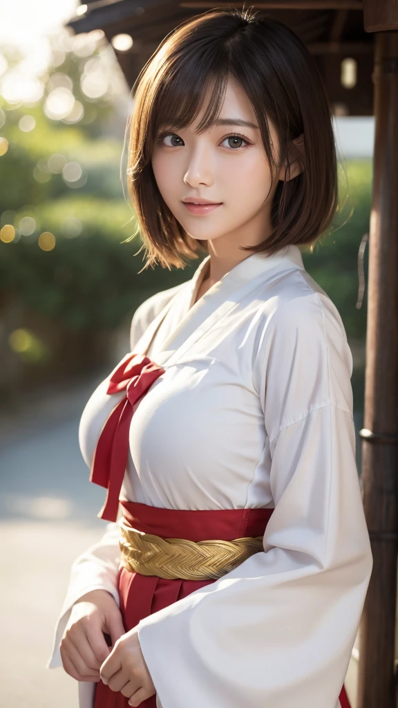 a cool beauty dressed in nontraditional miko outfit with large breasts is standing near a shrine, {{{masterpiece}}}, {{{best quality}}}, {{ultra-detailed}}, {illustration}, {{an extremely delicate and beautiful}}, {{super detailed skin}}, {{perfect anatomy}}, highly detailed face, shiny detailed hair, shiny skin, shiny body, gleaming skin, 1girl, beautiful eyes, athlete, {{slender}}, {{short hair}}, {{pixie cut}}, {{black hair}}, {{hair over one eye}}, {{red eyes}}, {{bushy eyebrows}}, {{tsurime}}, {{long eyelashes}}, large breasts, slim waist, midriff, abs, japanese clothes, solo, miko, nontraditional miko, shrine, standing