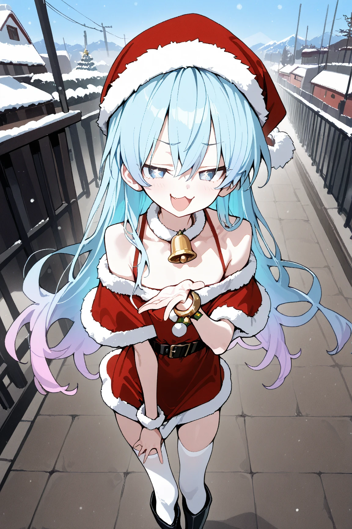 1girl,(skinny, , small girl,slender),gradient hair,multicolored hair,light violet hair,sky blue hair,long hair,straight_hair,blue eyes,star_shaped_pupils,smug,:3,open mouth,small fang,V hand,flat chest,Red santa dress with a white fur trim, red santa hat with a white fur trim,black belt withblack knee high boots, White thigh high socks,gold bell bracelet,off-shoulder_shirt,doremi, hwansang, mx2j, waterkuma, masterpiece, best quality, Perfect details, perfect composition, absurdres, newest, very aesthetic, amazing quality, highres, film grain, cute expression, dynamic view, AIU,perfect anatomy,detailed hands,detailed legs,detailed eyes,detailed fingers,standing,skinny,