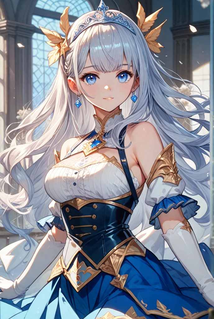 (masterpiece), highest quality, girl, alone, (trench jack)、kilt skirt、
a extremely delicate and beautiful girl, perfect details, super detailed illustrations, Close-up of girl, girls front, close up shot, head tilt, handsome figure, very long hair, Short wavy fine hair, asymmetrical bangs, eyes visible through hair, light silver hair, beautiful fine hair, Happy, delicate eyelashes, light blue eyes, with blue ornaments, blue hair ornament, earrings, wallpaper 8k CG, hyper quality, very detailed,nature, flower、{{{{small breasts}}}}、highlight