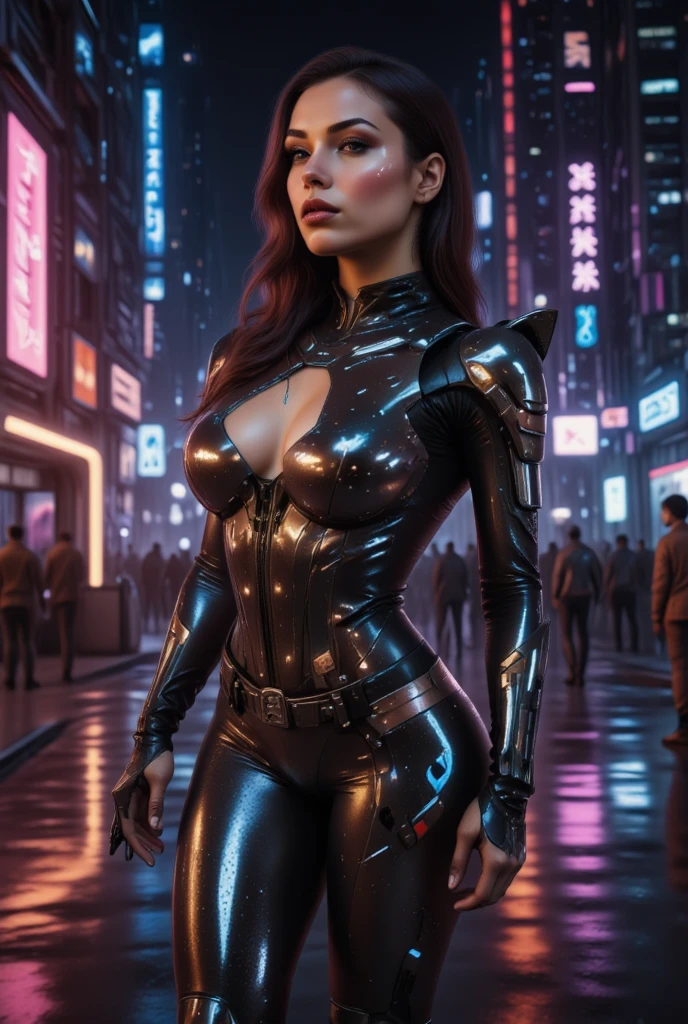 Masterpiece, Close-up, a beautiful Dutch woman with huge breasts and robotic arms in a military uniform in a dystopian city with neon signs and holograms projected on the buildings and sky, lipstick, pink virtual reality glasses, tattoos, long straight red hair, night, cyberpunk aesthetics, action movie shot by Kon Satoshi, very detailed lighting, dramatic, trend digital art in Artstation 8k HD high definition detailed realistic, detailed, skin texture, hyper detailed, realistic skin texture, armor, best quality, ultra high res, (photorealistic: 1.4), high resolution, detailed, Raw photo, Sharp Re, by Lee Jeffries Nikon D850 Film Stock Photography 4 Kodak Portra 400 Camera F1.6 Lens Rich Colors Hyper Realistic Realistic texture Dramatic lighting UnrealEngine trend in ArtStation Cinestill 800