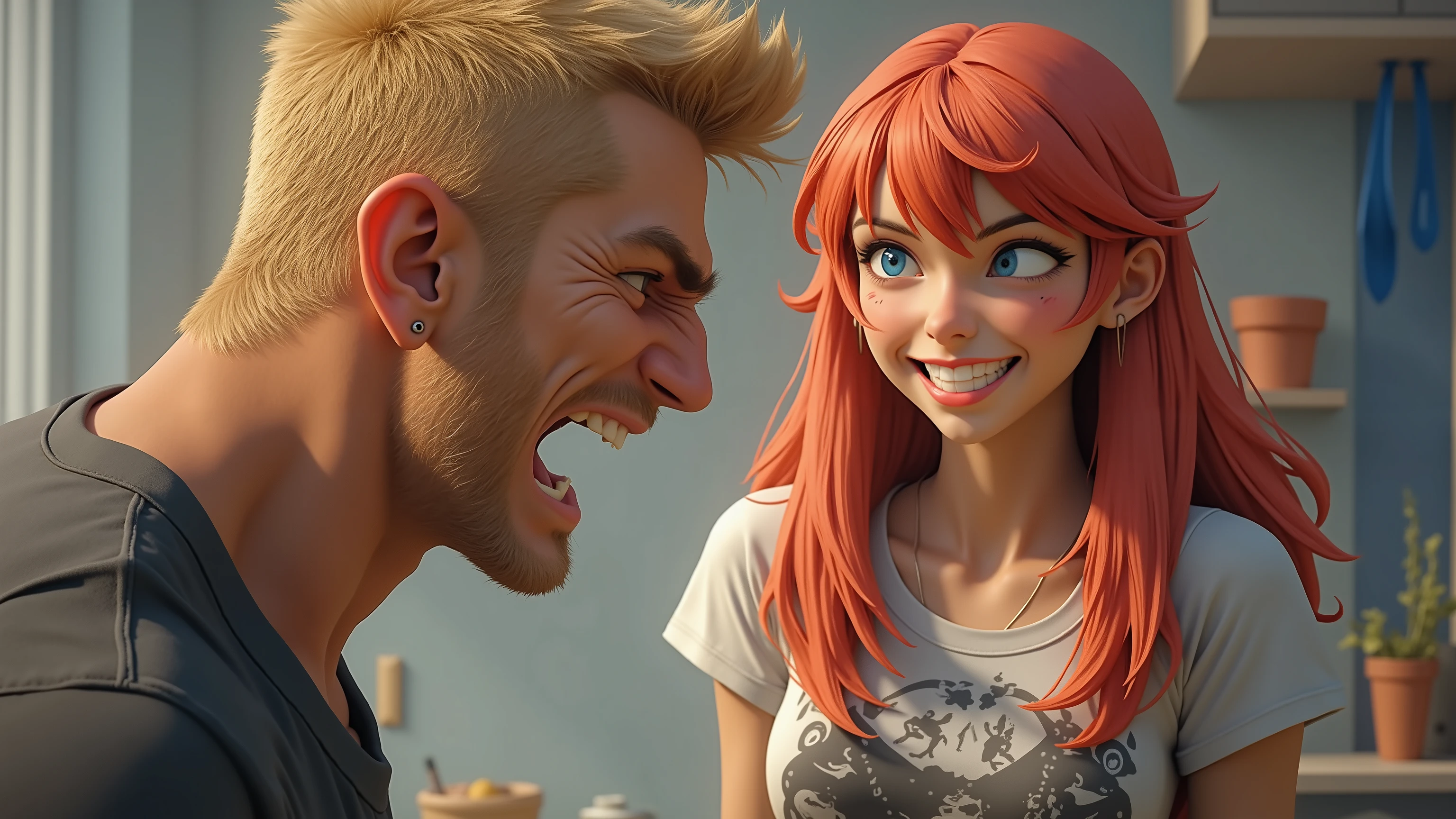 A guy is shouting at a girl and the girl is smiling slyly. 4k camera. the guy is wearing a T-shirt and jeans. The girl is beautiful, she has long straight red hair, bangs and blue eyes, she is wearing shorts and a T-shirt. the guy has blond short hair and an athletic figure.
Fill this image with anger