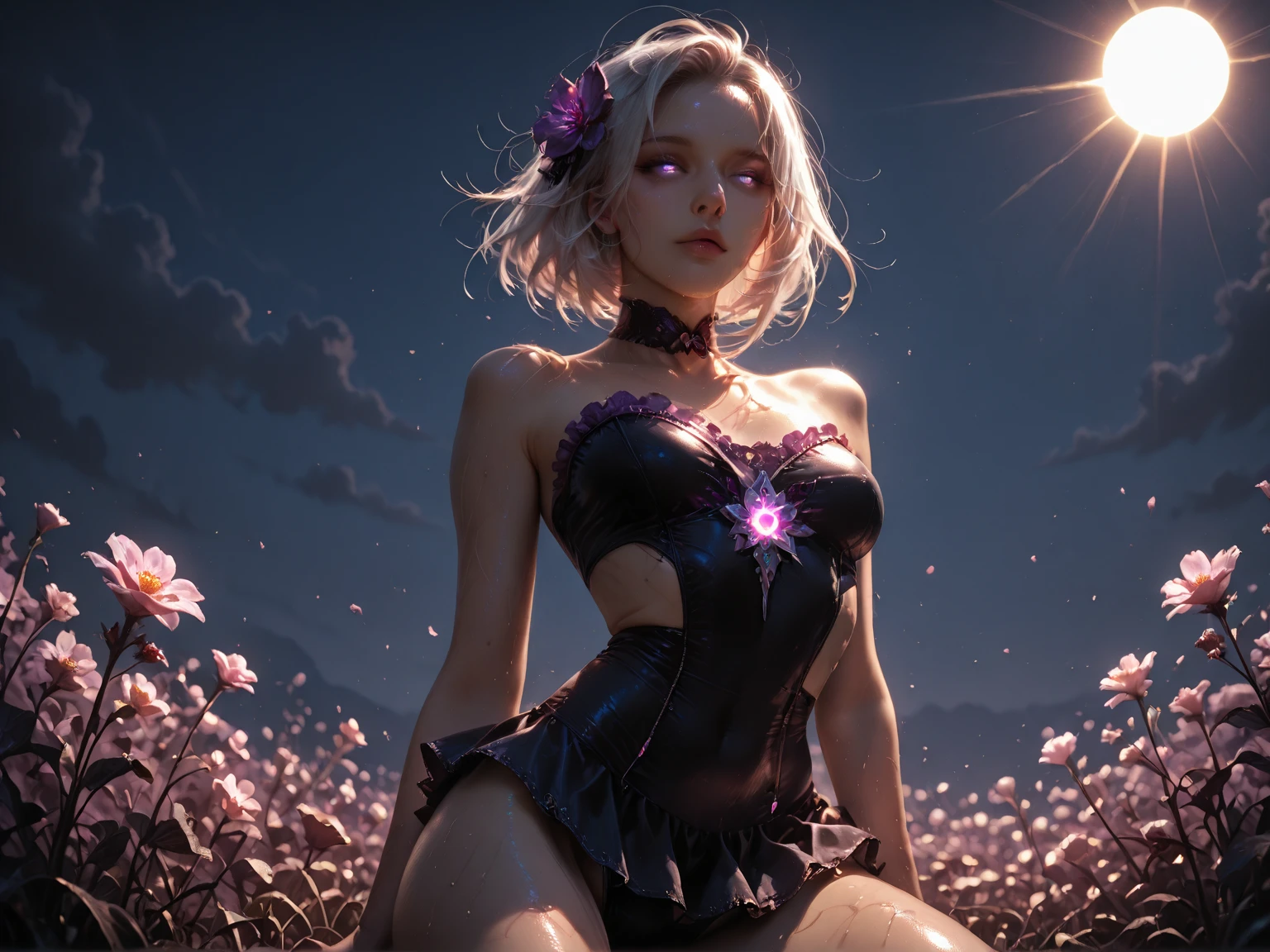 Realistic, 1girl, white hair, purple eyes, glowing eyes, cropped top, skirt, parted lips, blush, night, flowers, sun, sun, sexy, feminine, seductive, provocative, multi-angle shooting, appropriate pose