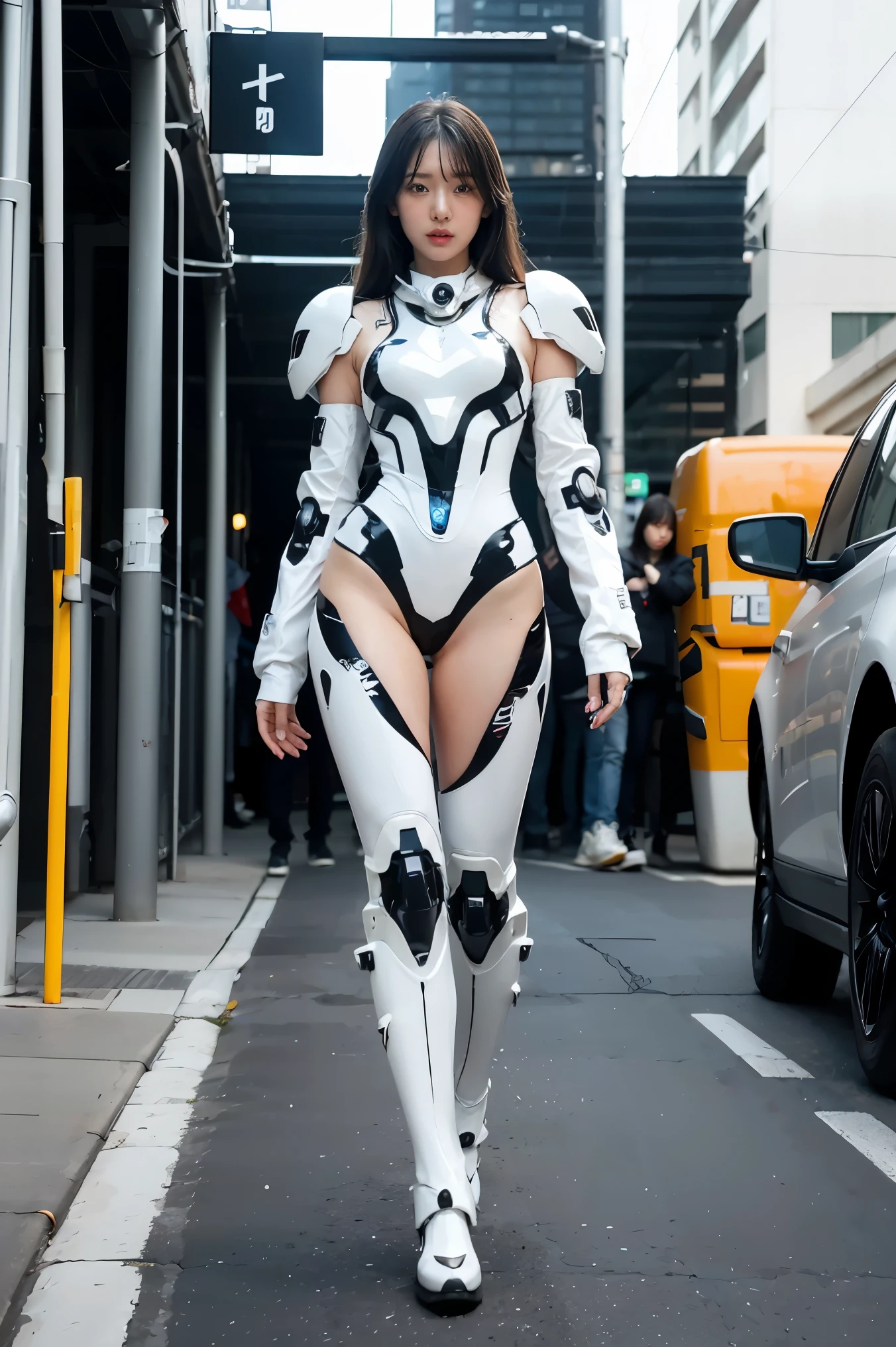 araffe dressed in a white and red costume walking down a street, cyber japan style armor, cyber japan armor, girl in mecha cyber armor, glossy white armor, mecha suit, full body mecha suit, anime mech armor, ferra white mecha, in white futuristic armor, white and red armor, female mecha, covered in full metal armor