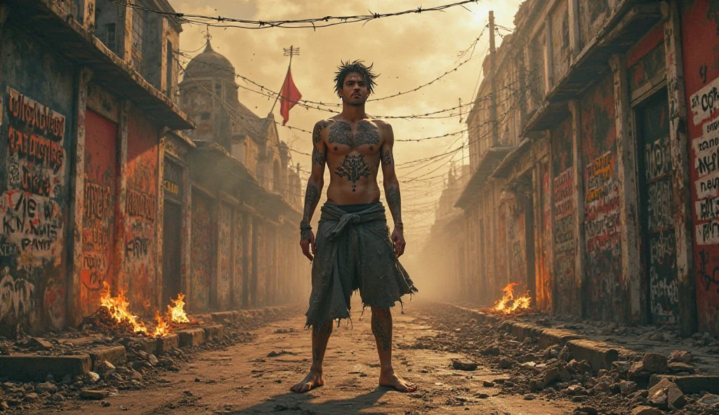 10 year old Tibetan werewolf boy,Shirtless,red colored skin,The barefoot,Scarred