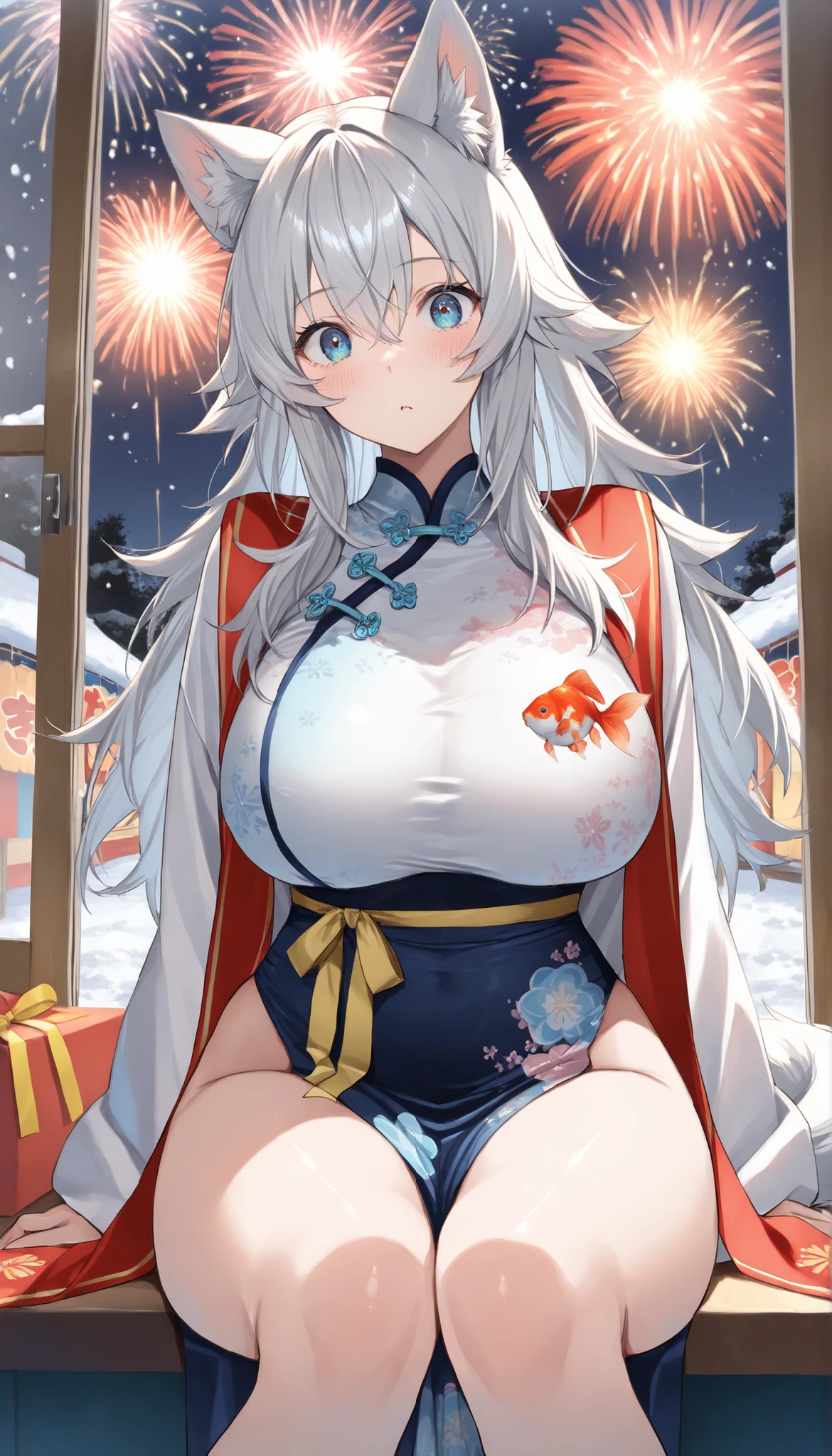 ((One personの女性)), Beautiful Face, (orgasm2.0), Excited expression,((Wink:1.1)),((sweat flowing from the vagina:2.0)), ((The penis is positioned just above the vagina :2.5)), ((Penis entering the vagina:2.0))((massage the breasts:1.8)), ((Breast milk overflows from the nipples:2.3)),((Red cheeks:1.4)),Open your mouth wide and shout,Glossy pink lips,night,rooftop,Sit on the sofa,You can see the ocean, firework,((Anime style background)),masterpiece, Highest quality, so beautiful, ,up to date, Complex details, (Pink long nails),(ring),(bracelet),(choker),AI-generated, Complex,High resolution, Highest quality, super high quality,3D Images、View your audience、3D Images,One person,Long white hair,(High Ponytail),(blue eyes),Anime woman posing for a photo, ((Fine grain、Silver-white colorful eyes、Shining Eyes:1.4)),(Squint your eyes:1.1),a hyperRealistic , Realistic,Long white hairのアニメ女性, Smooth anime CG art, A woman in a colorful kimono with gold embroidery, (Black furisode),Red floral pattern,Long flower hair ornament,Large earrings,Mature Body,(Big Breasts:1.1),Mature Body,expensive,Big Ass,Tight waist,Sit on the sofa,(Spread your legs),Exposed vagina,(Shooting from below)