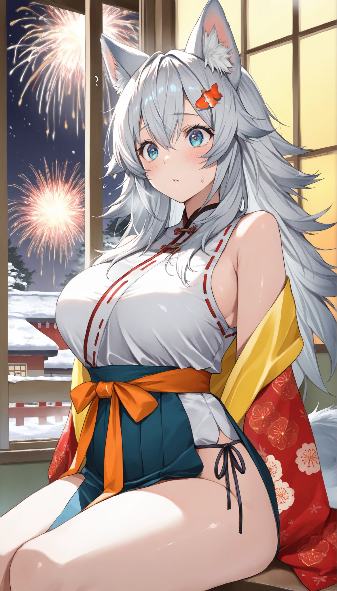 1girl, solo, asuna, long hair, large breasts, cleavage, smiling, (off shoulder kimono), fireworks background
